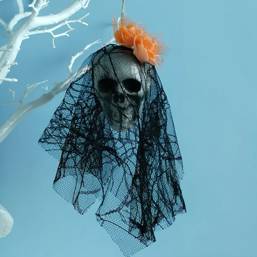 Foam Halloween skull hanging decor in purple with lace, 40 cm height for stage props