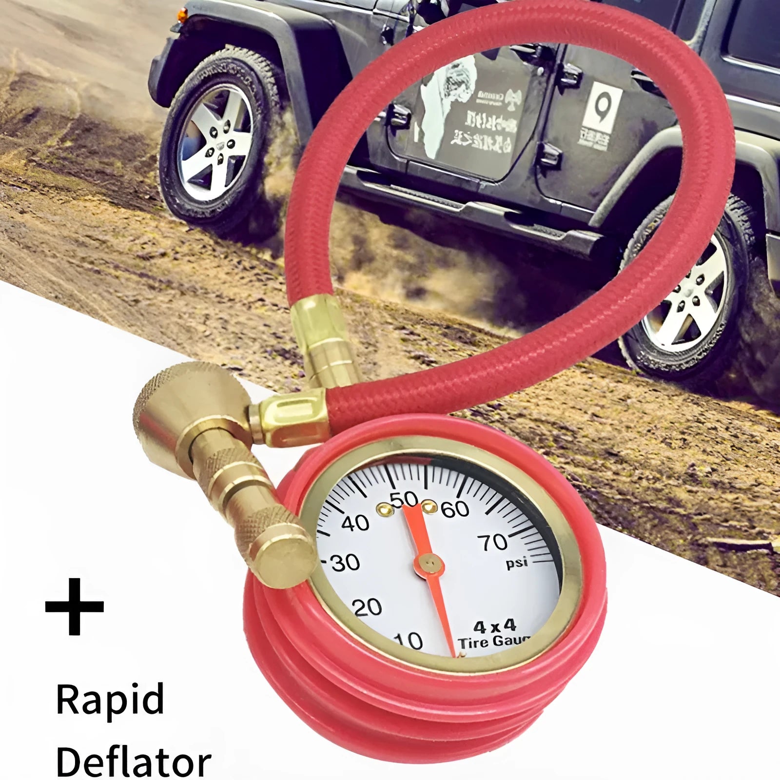 Red and black mechanical automobile tyre pressure gauge with metal body and rubber shell.
