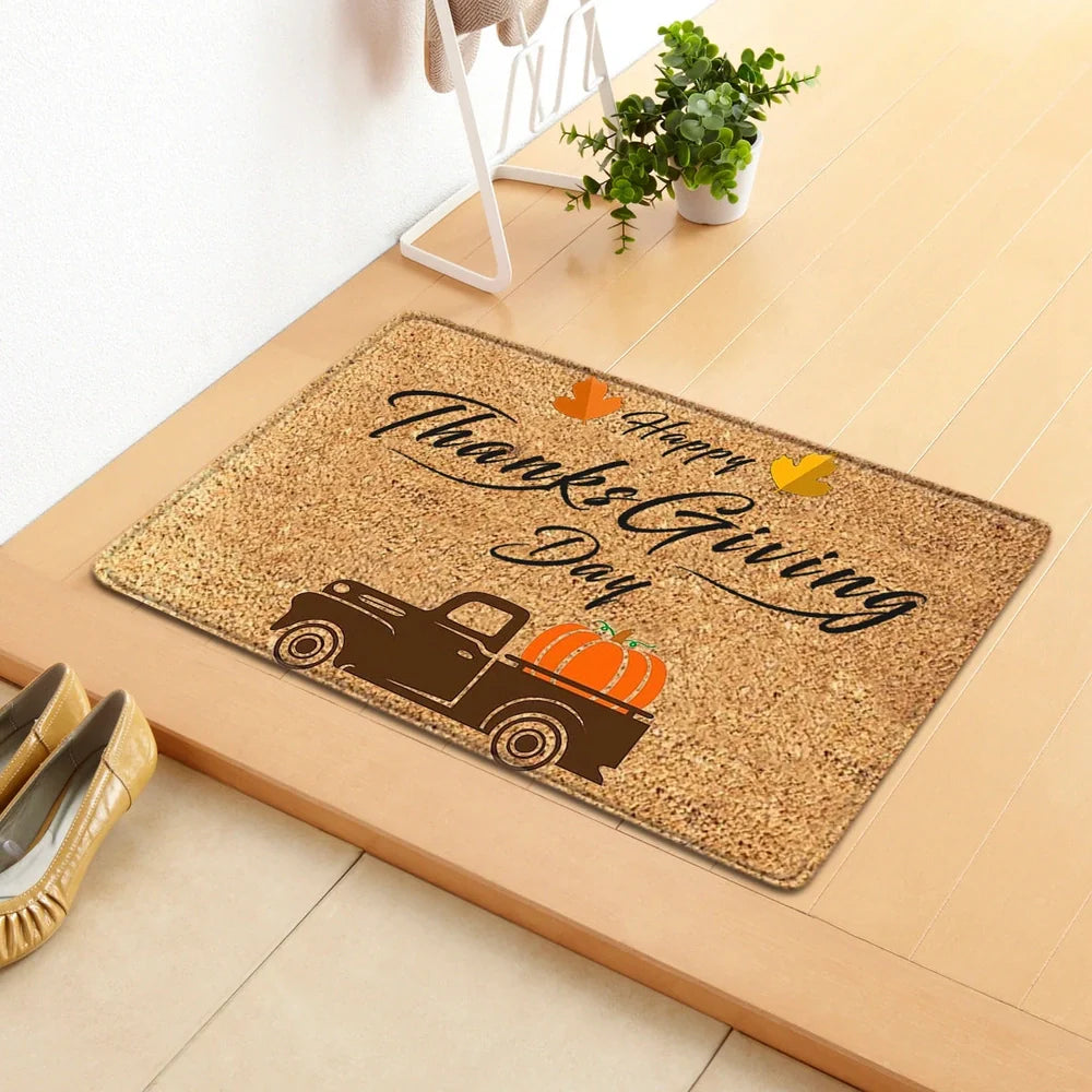 Thanksgiving pumpkin doormat measuring 40x60cm with autumn leaf design in polyester construction