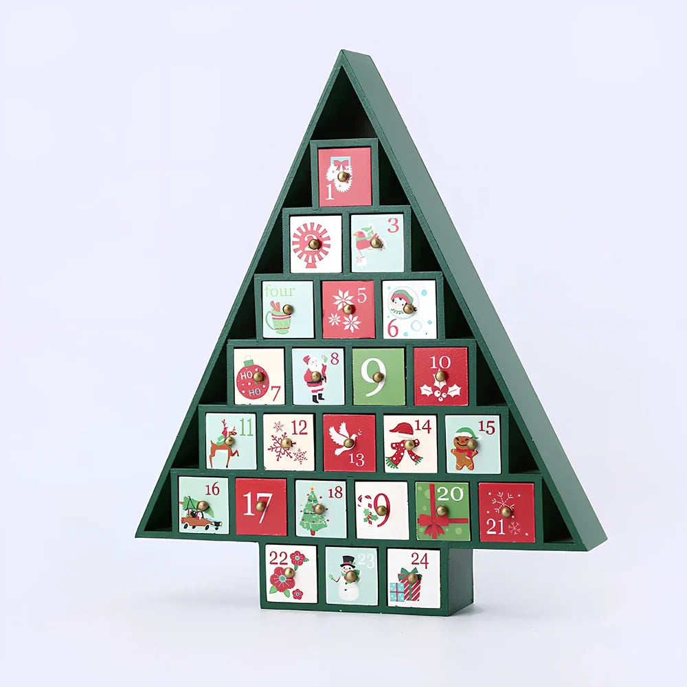 Handcrafted wooden Christmas window decorations showing nine designs including bears, houses, trees and vehicles