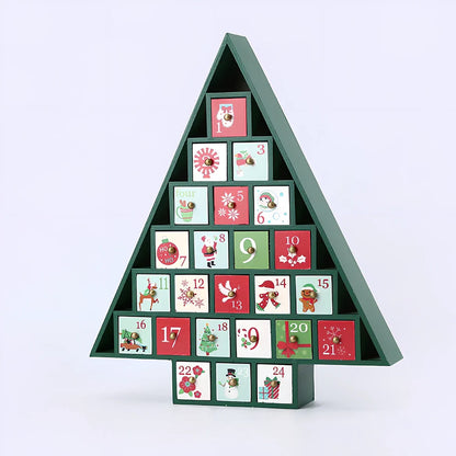 Handcrafted wooden Christmas window decorations showing nine designs including bears, houses, trees and vehicles