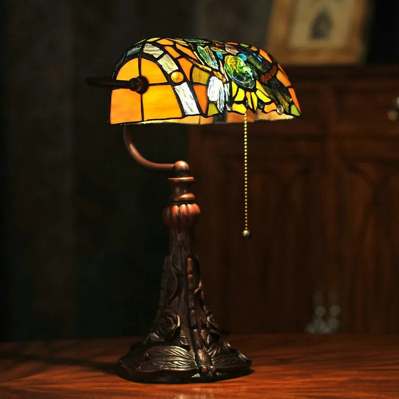 10-inch Tiffany table lamp with stained glass lampshade and resin base, 36cm height, on a study desk