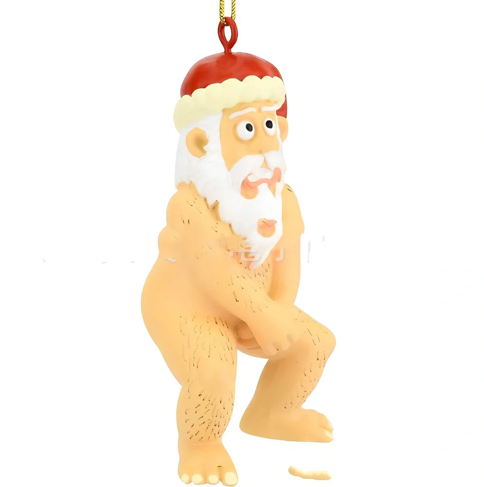 Naked Santa Claus resin decoration measuring 10cm tall with three-dimensional design and flat acrylic backing