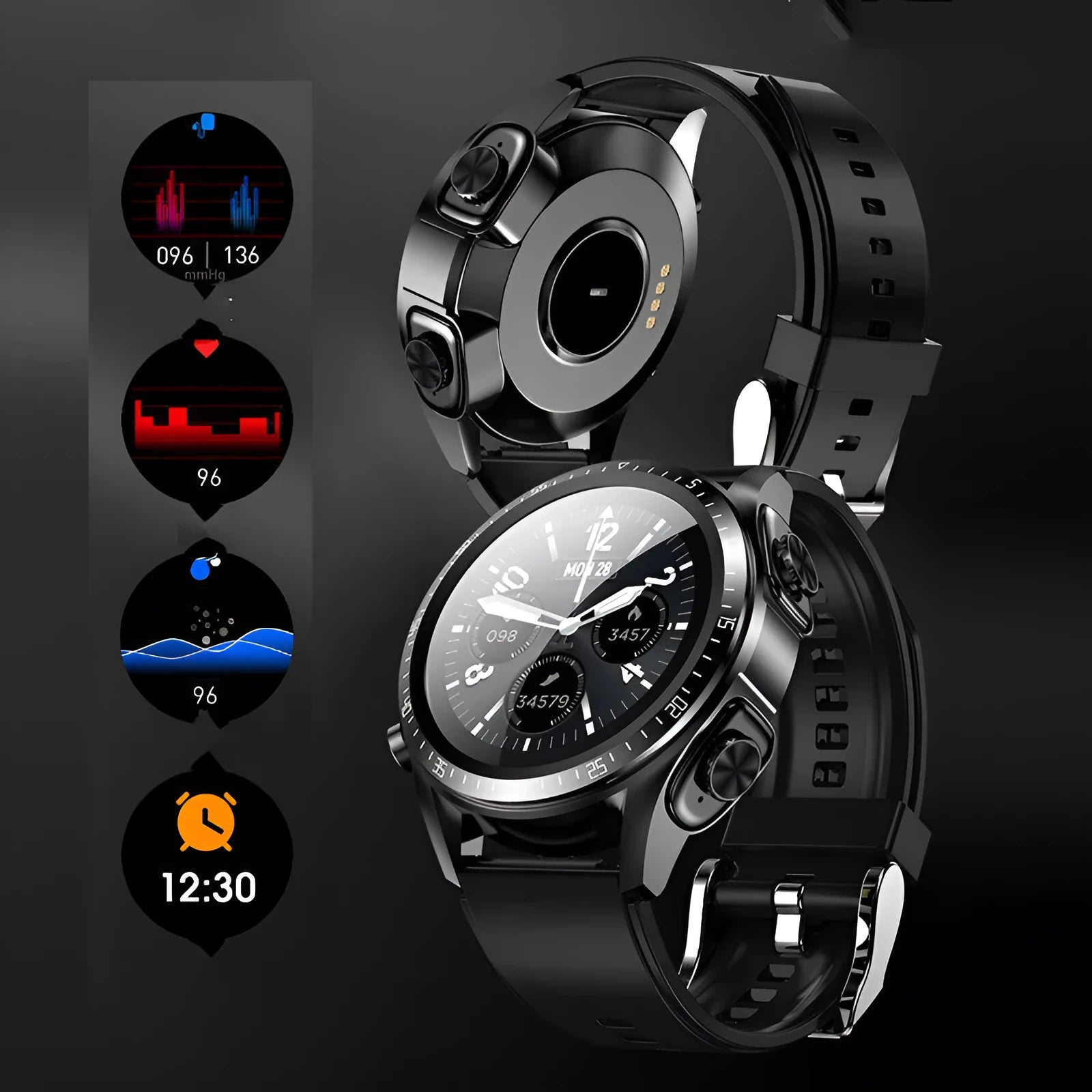 Black smart watch with silicone strap displaying health metrics on its screen, next to included TWS earphones.