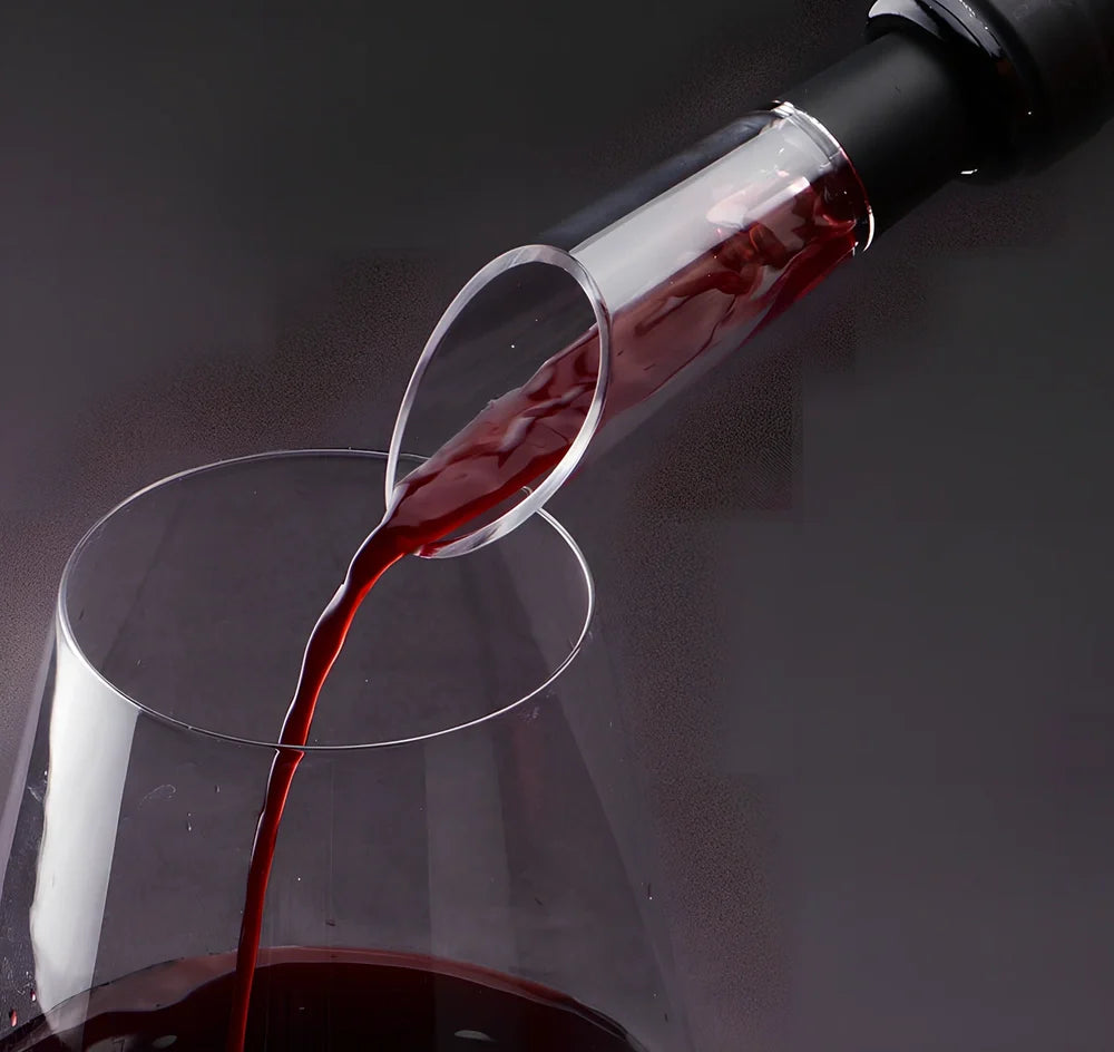 Black electric wine bottle opener set with decanter, foil cutter, and vacuum stoppers in storage base