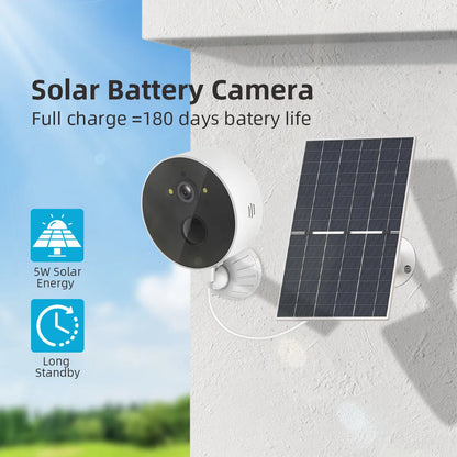 Solar-powered outdoor security camera with solar panel, 1080P resolution, and low power consumption design