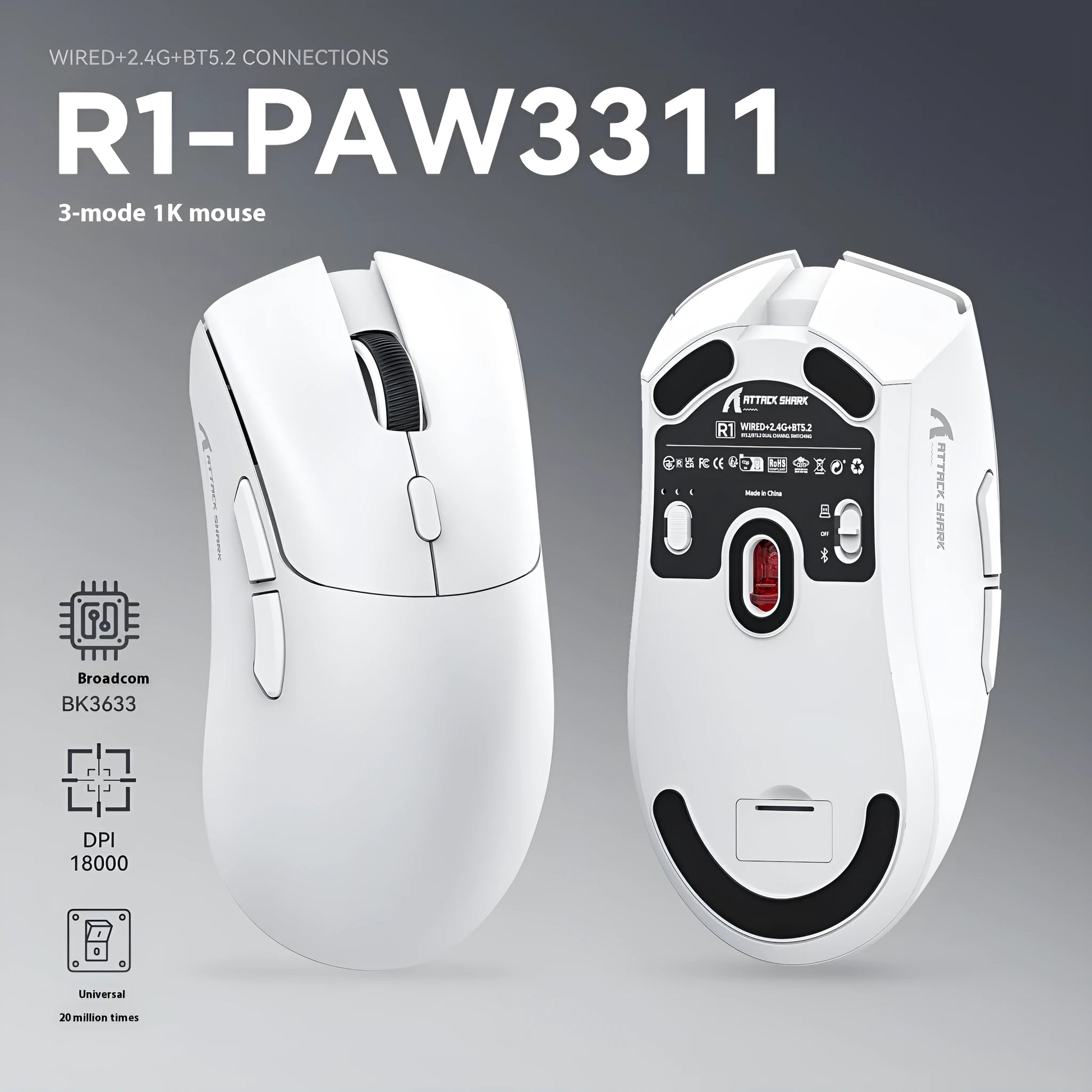 Attack Shark wireless Bluetooth mouse in black, white, and red colour options showing three connectivity modes