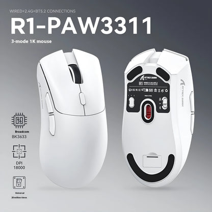 Attack Shark wireless Bluetooth mouse in black, white, and red colour options showing three connectivity modes