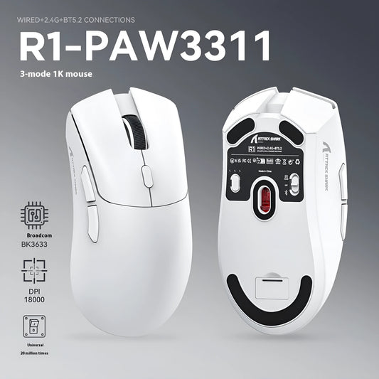 Attack Shark wireless Bluetooth mouse in black, white, and red colour options showing three connectivity modes