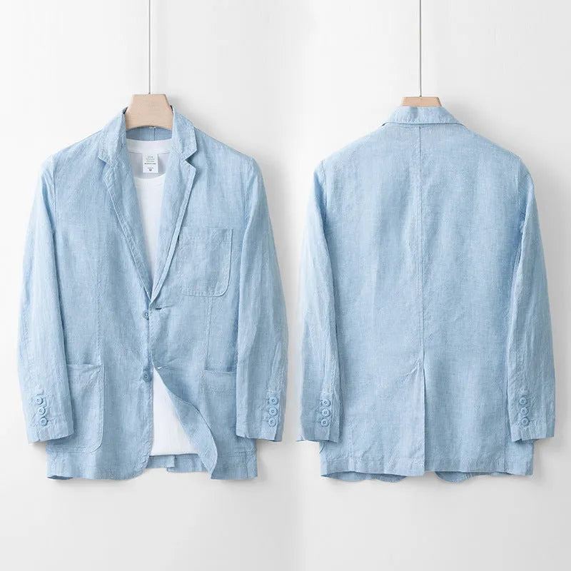 Men's loose fit linen suit jacket in solid colours showing long sleeves and casual styling