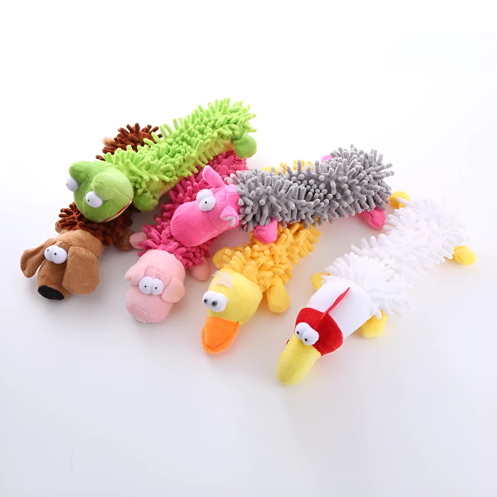 Plush horse molar dog toy in various animal colour designs including brown dog and yellow duck.