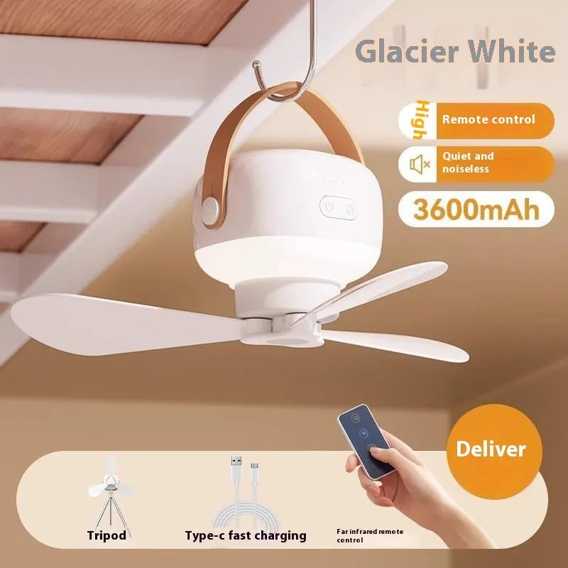 Portable rechargeable ceiling fan with remote control and strap for camping tents