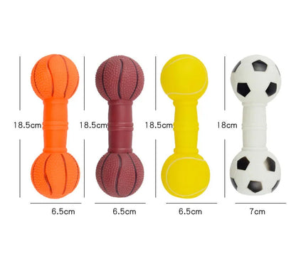 Brown, orange, white, and yellow PVC football dumbbell squeaky dog chew toy.