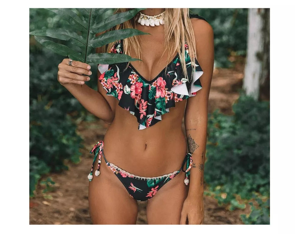 Bohemian leaf print split bikini with chest pad in black, sizes S to XL