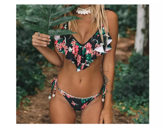 Bohemian leaf print split bikini with chest pad in black, sizes S to XL