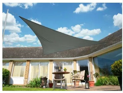 Triangle outdoor sunshade canopy in sand yellow and gray, sizes 300x300cm and 360x360cm