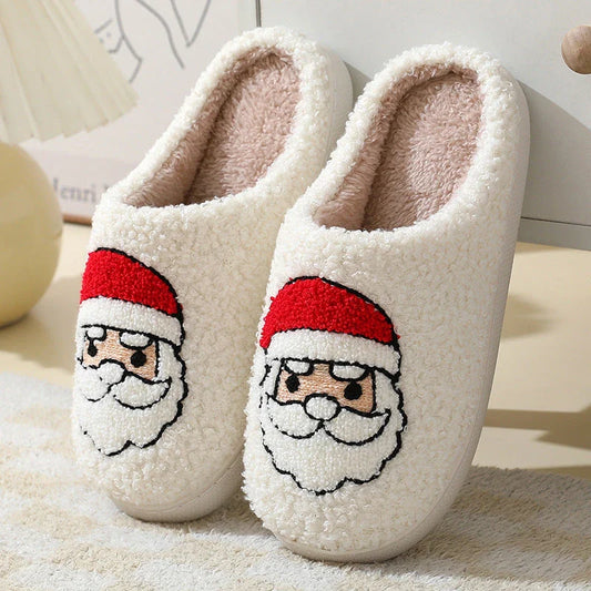 Cozy Christmas slippers in festive designs of Santa Claus, Moose, and Gingerbread Man
