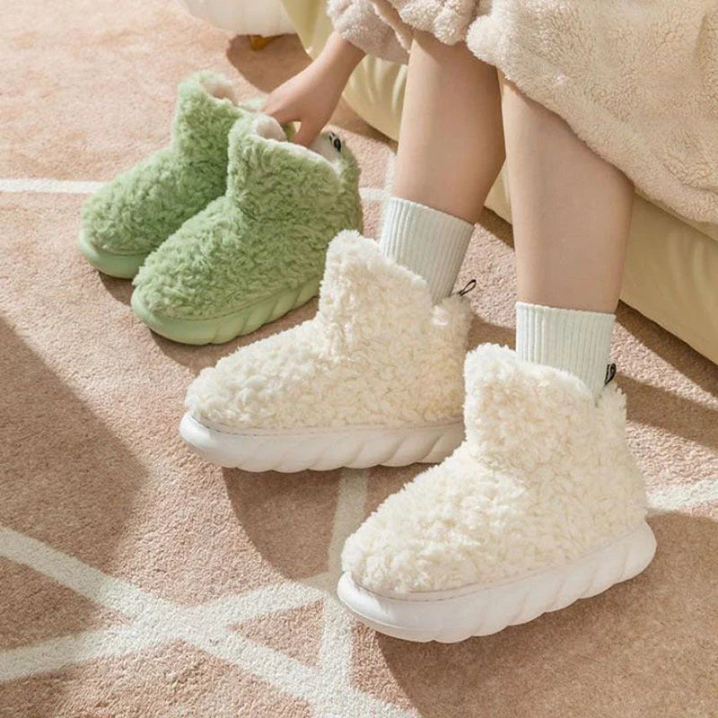 Cozy indoor and outdoor winter slippers with comfortable heels, available in a variety of colors including white, pink, khaki, green, and curry.
