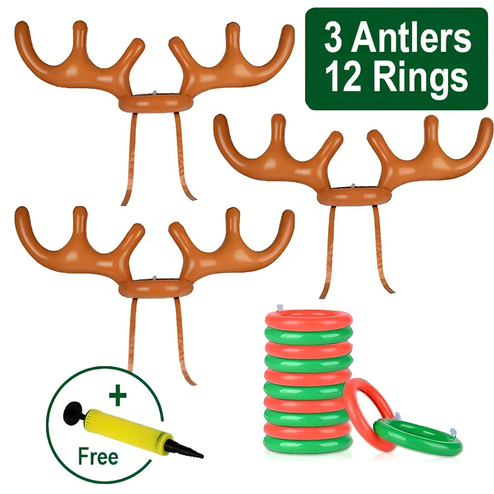 Christmas inflatable reindeer antler hat ring toss game with 80cm antlers and coloured throwing rings