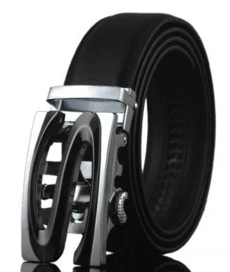 Men's black leather belt with automatic buckle mechanism showing 3.5cm width
