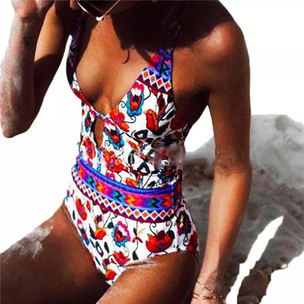 Floral bandage swimsuit with high elasticity and open back design