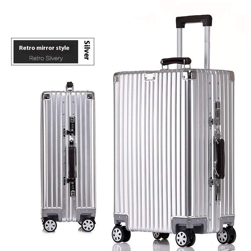 Aluminum frame 20 inch suitcase with universal wheels, box lock and retro frosted finish