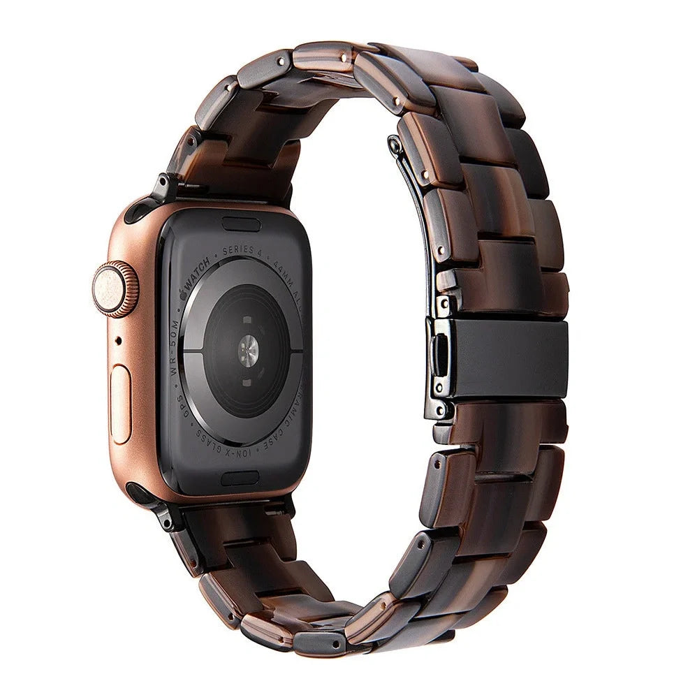 Slim resin Apple Watch strap showing attachment mechanism and colour options