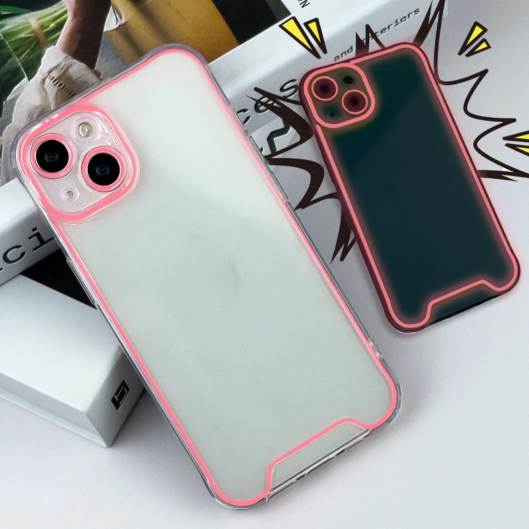 Glow-in-the-dark soft TPU iPhone case in green, orange, blue, yellow, or pink on an iPhone