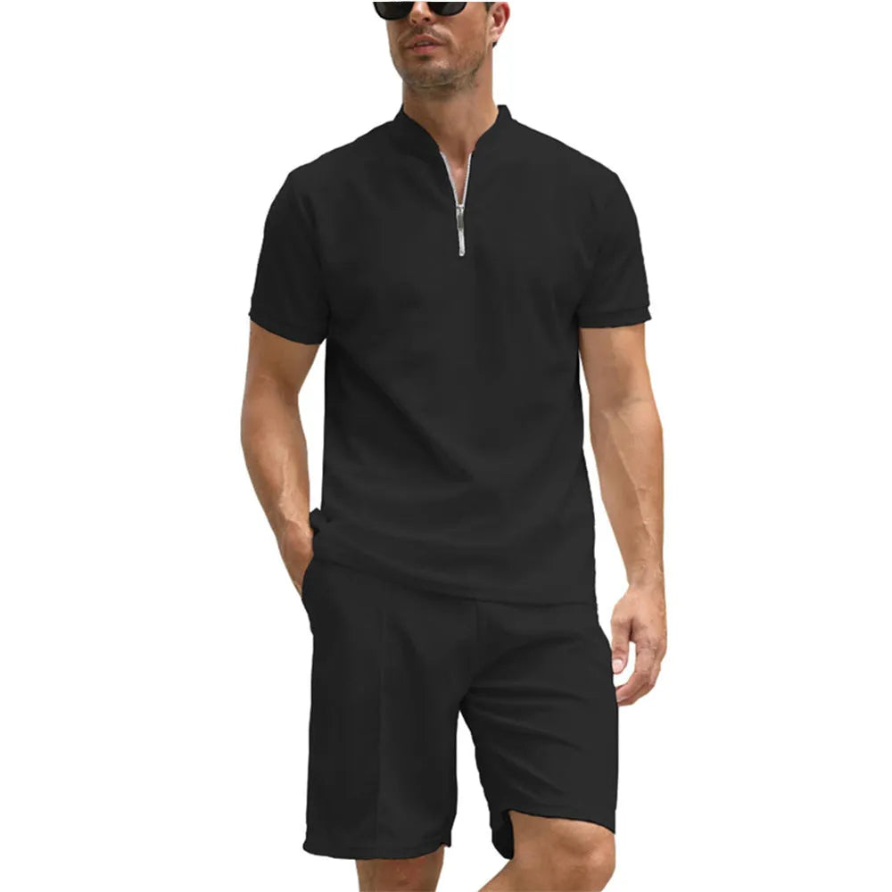 Men's solid colour polo shirt suit set with short sleeves, showing top and trousers in beaded bird's eye fabric
