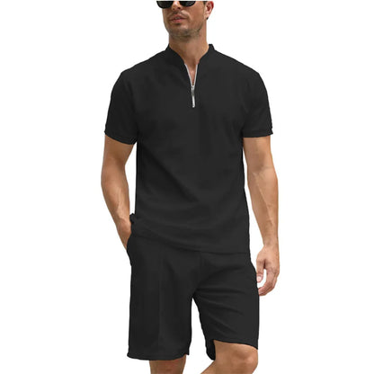 Men's solid colour polo shirt suit set with short sleeves, showing top and trousers in beaded bird's eye fabric