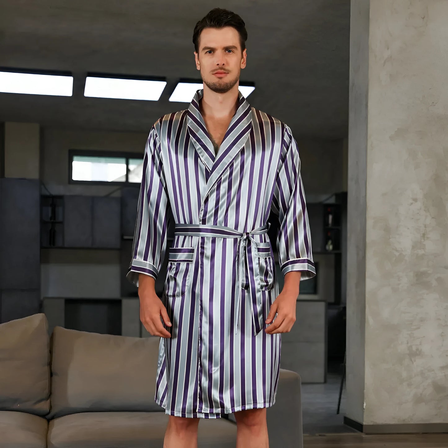 Men's silk bathrobe in summer colours including black with yellow collar and red crane design