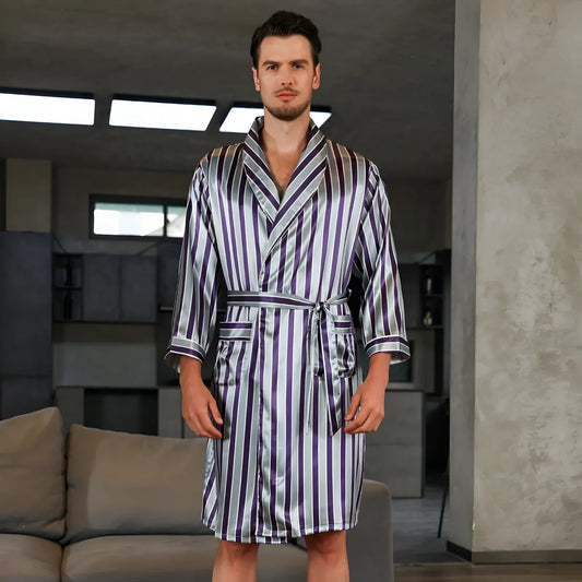 Men's silk bathrobe in summer colours including black with yellow collar and red crane design