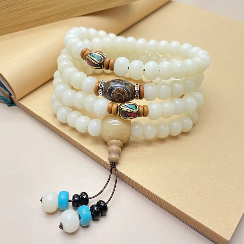 White Jade Bodhi bracelet with 108 beads showing three different bead size options