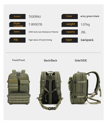 Army green tactical backpack showing 17-inch size with waterproof nylon construction