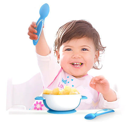 Six-piece baby tableware set with antibacterial polymer material in blue and red colours