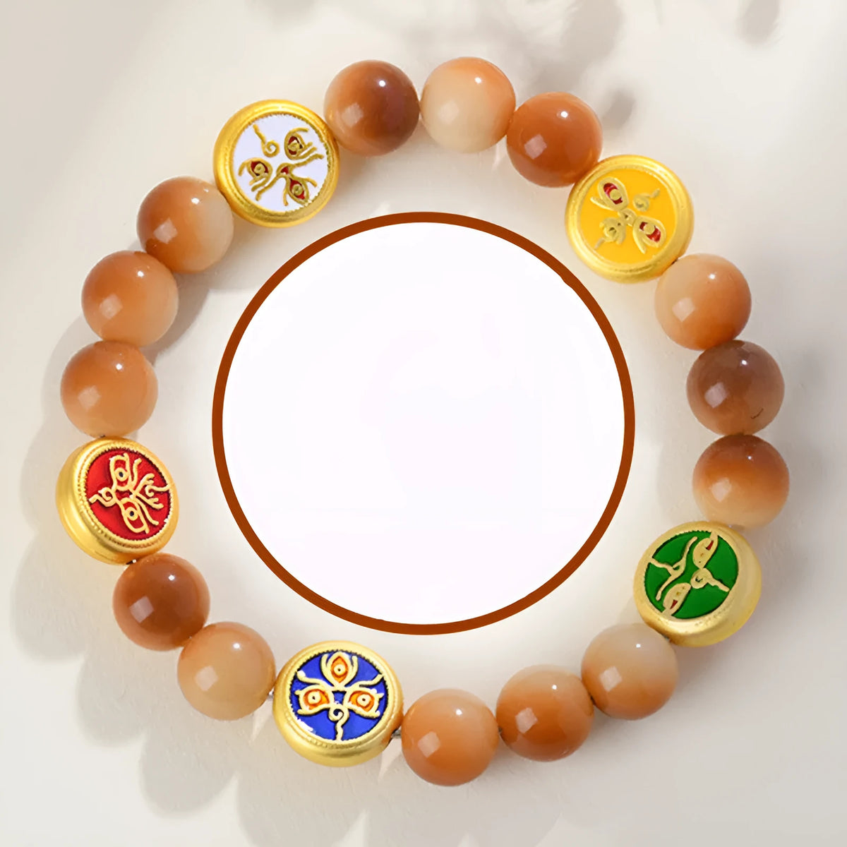 Yellow bodhi seed bracelet with five-direction geometric pattern, adjustable 14-17 inch length