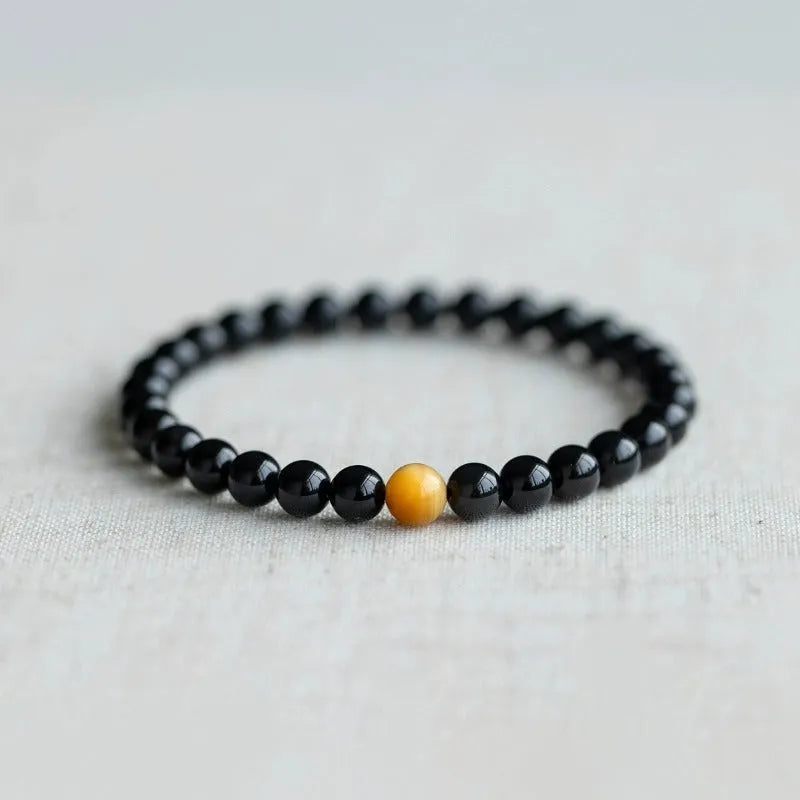 Obsidian bracelet with 10mm black stone geometric beads in Korean unisex style