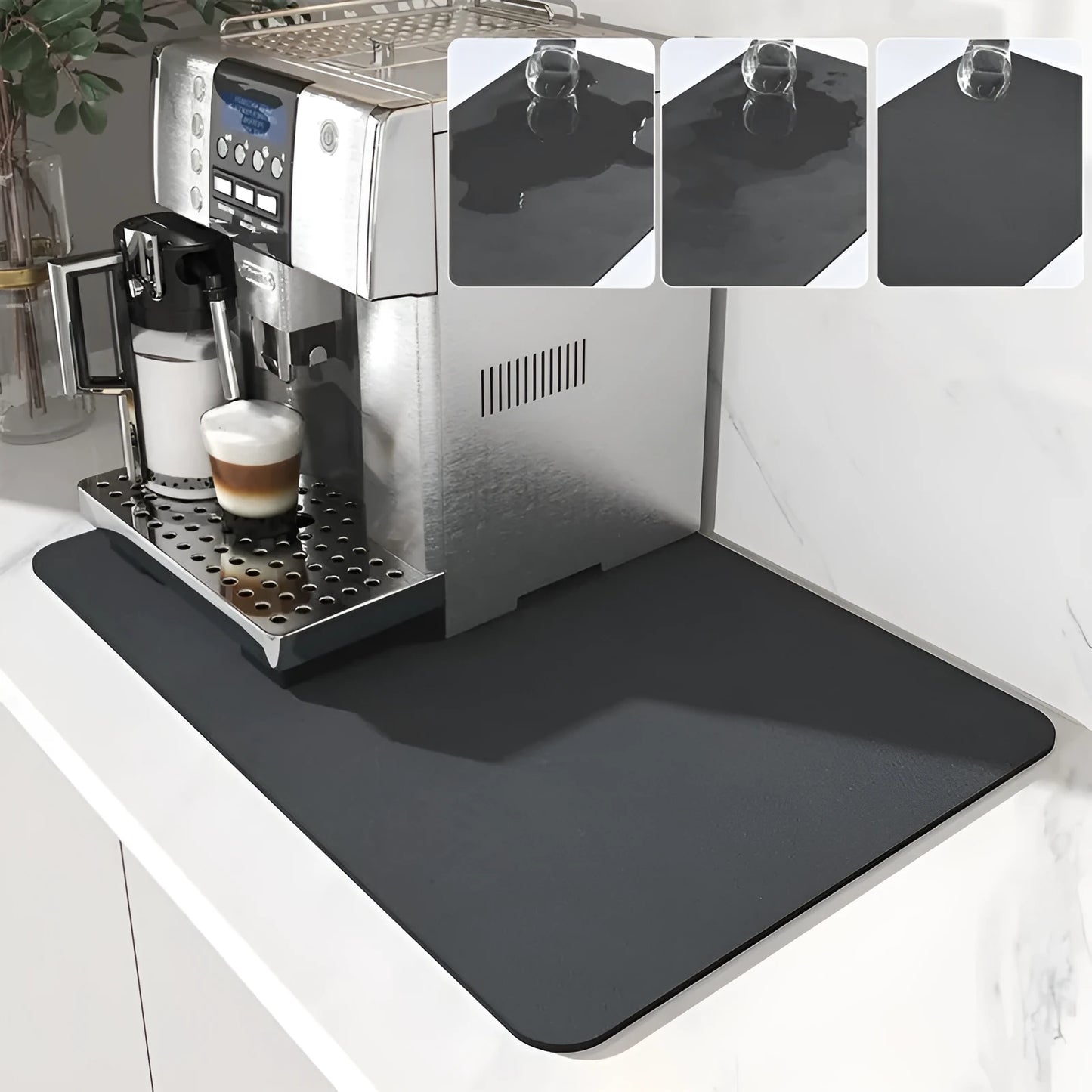Black square kitchen drain pad with PU leather surface and rubber anti-slip backing