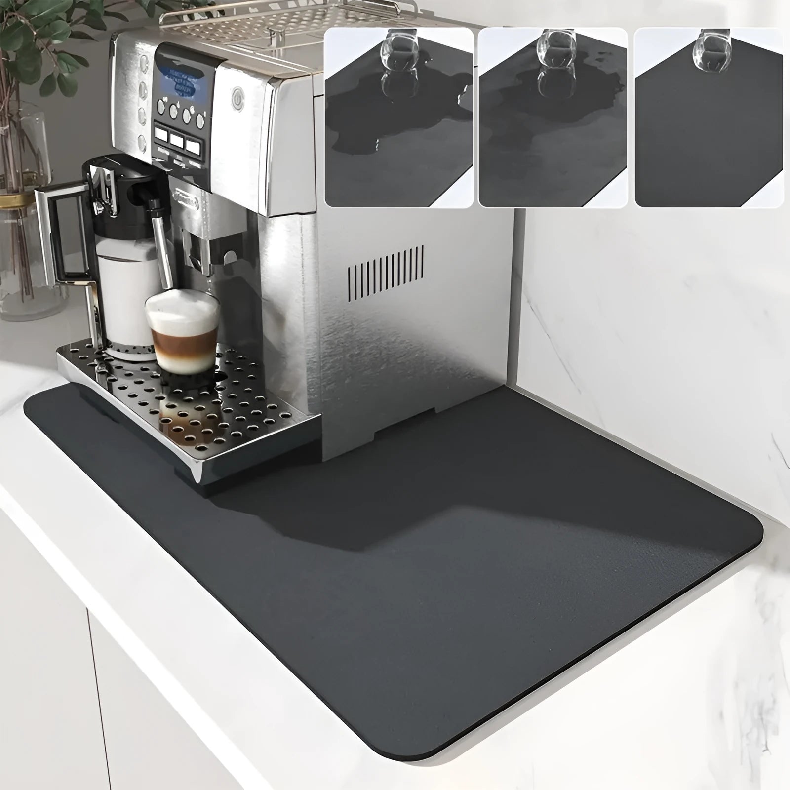 Black square kitchen drain pad with PU leather surface and rubber anti-slip backing