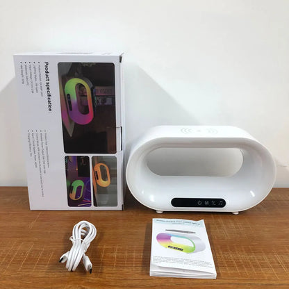 White smart bedside lamp with wireless charging pad, LED lighting, and digital alarm clock display