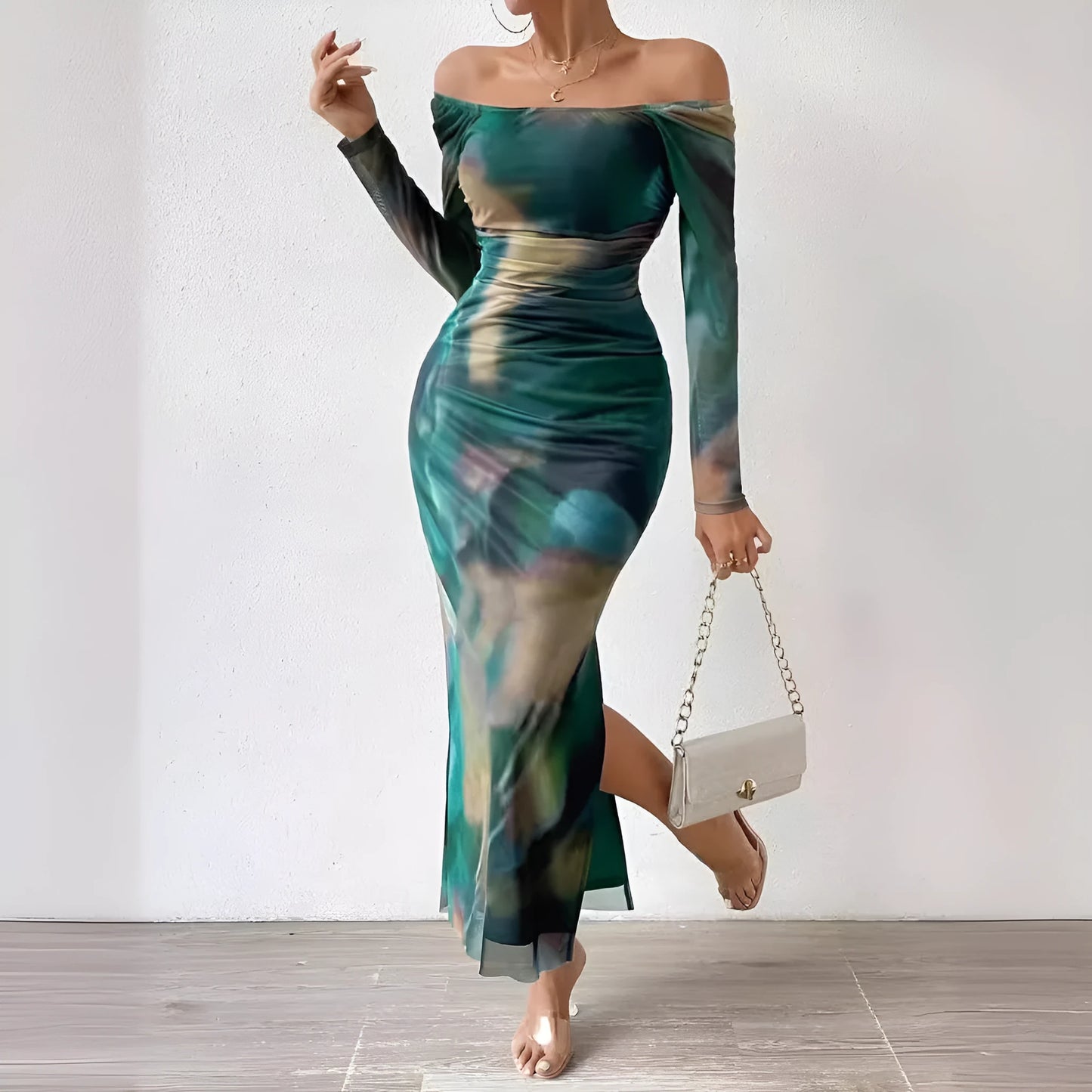 Women's green gradient printed pleated dress with fishtail skirt and square collar