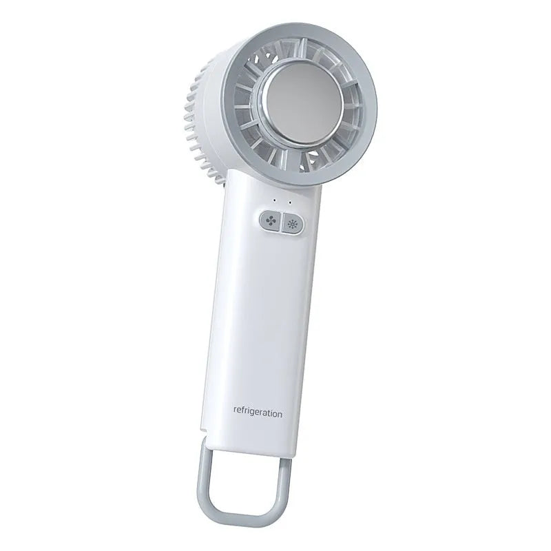 White handheld portable fan with turbo jet design and ice cooling function.