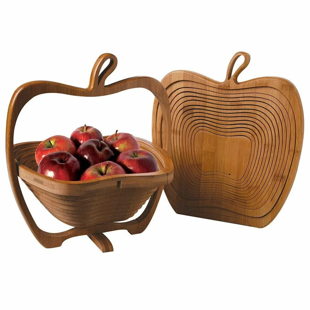 Folding natural bamboo fruit basket open at 27 cm wide, 30 cm high, collapsed to 1.8 cm for storage
