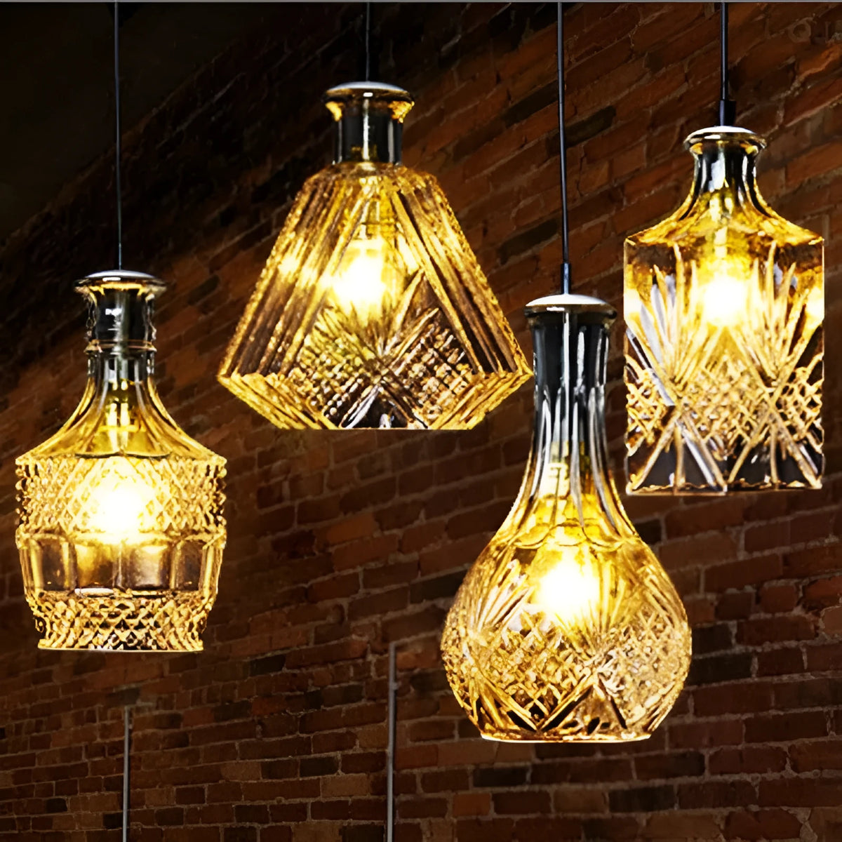 Glass bottle chandelier with adjustable 1.2m height, 150mm glass body, fishing line shape and 220V button switch