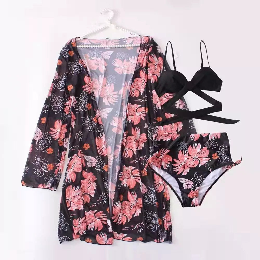 Three-piece underwire bikini set in polyester with matching cover-up