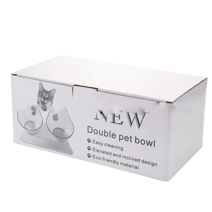 Elevated tilted double pet bowl with transparent design and adjustable stand