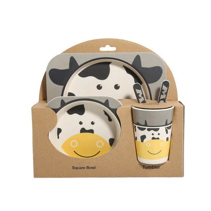 5-piece eco-friendly bamboo fiber children's tableware set with animal designs, including plate, bowl, cup, fork, and spoon