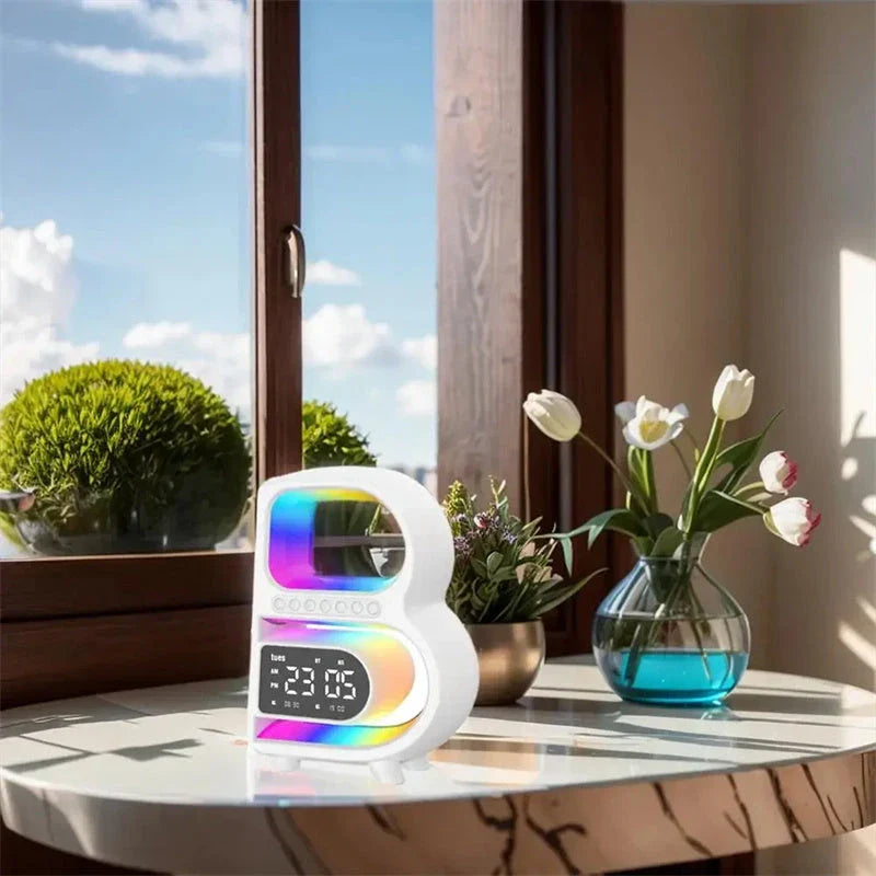B-shaped Bluetooth speaker with wireless charging, adjustable lighting, and alarm clock functionality