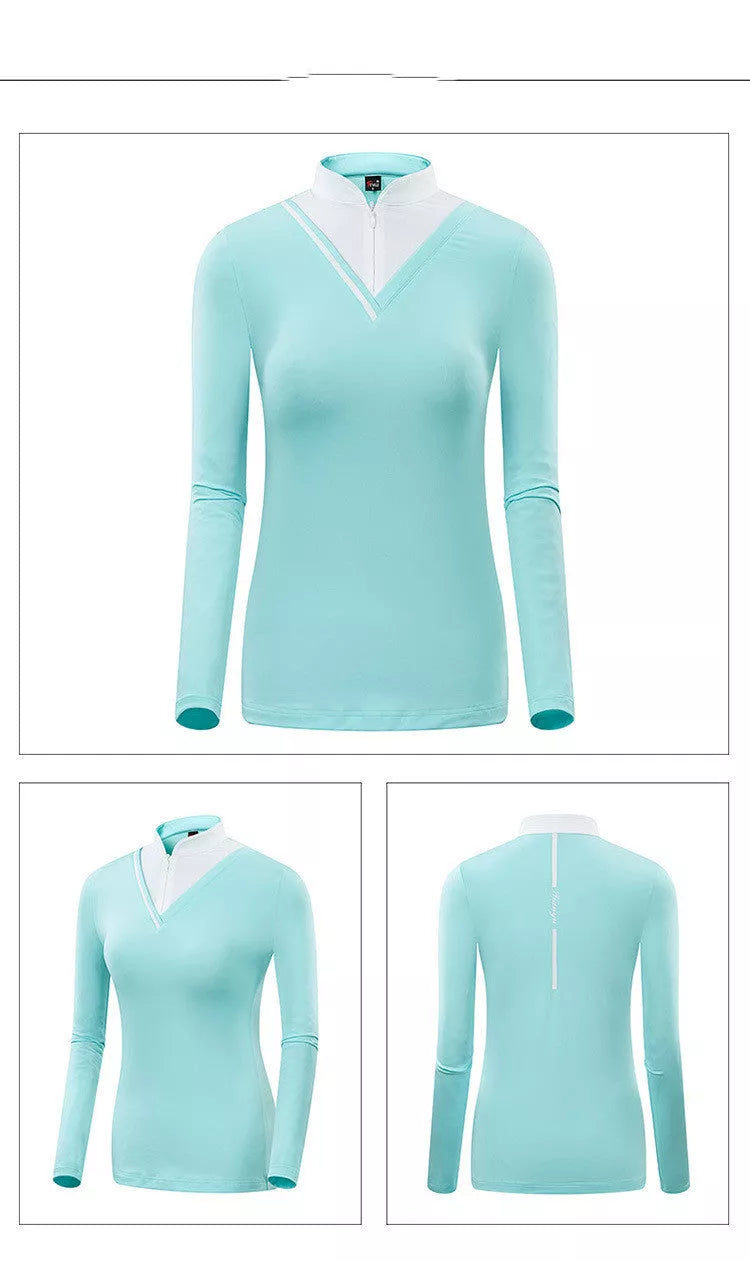 Women's golf long-sleeve t-shirt with stand-up collar and sun protection in navy blue and lake green