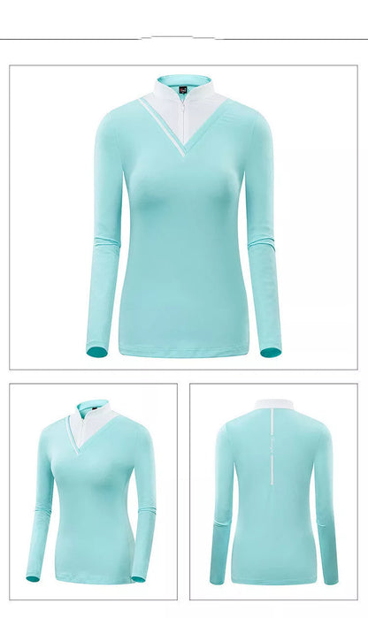 Women's golf long-sleeve t-shirt with stand-up collar and sun protection in navy blue and lake green